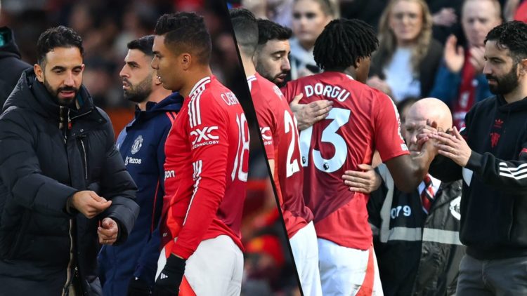 Ruben Amorim during a Premier League match vs Wolves, inset a photo of the Manchester United manager with Casemiro.