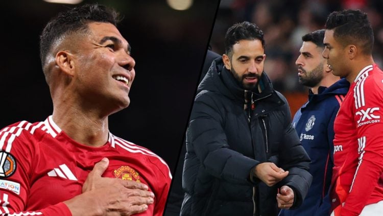 Casemiro during the Europa League match against Athletic Club, inset a photo of the Manchester United and Brazil midfielder with Ruben Amorim.