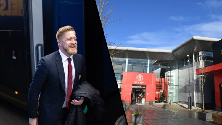 Split image of Nick Cox arriving at Stamford Bridge wearing a suit and Manchester United's academy training ground.