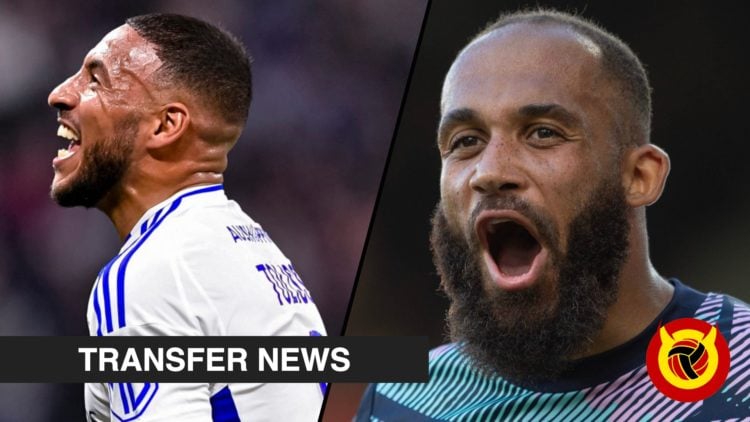 Manchester United target Bryan Mbeumo playing for Premier League club Brentford, inset a photo of Lyon midfielder Corentin Tolisso.