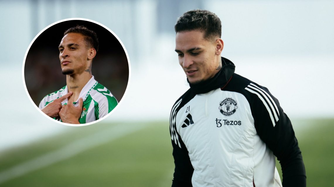 Manchester United winger Antony trains at Carrington, inset of Antony at Real Betis.