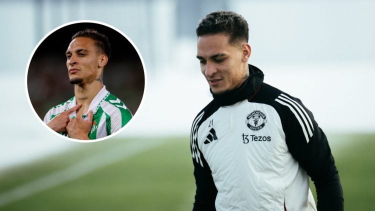 Manchester United winger Antony trains at Carrington, inset of Antony at Real Betis.