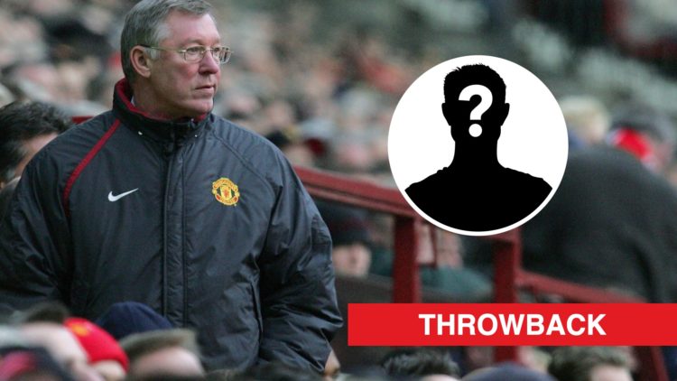 Manchester United boss Sir Alex Ferguson looks on. Inset, a mystery player icon and red banner with 'throwback' in white text.
