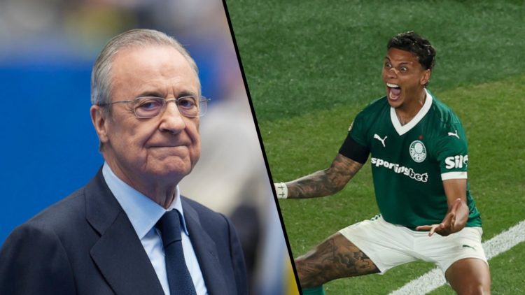 Split image, Florentino Perez in suit at the Santiago Bernabeu and Richard Rios celebrates Palmeiras goal during Club World Cup.
