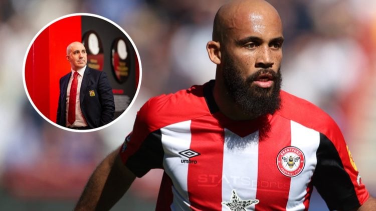 Brentford forward Bryan Mbeumo in action, inset of Manchester United CEO Omar Berrada at Old Trafford.