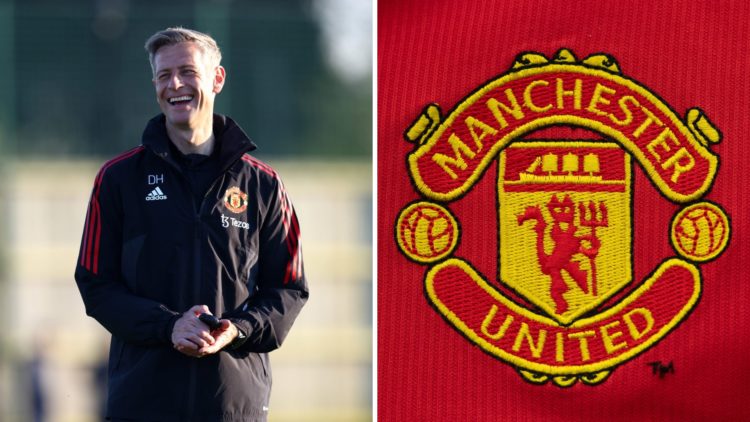 A split image of Manchester United Under-21 coach David Hughes (L) and the Manchester United crest on a red shirt (R)