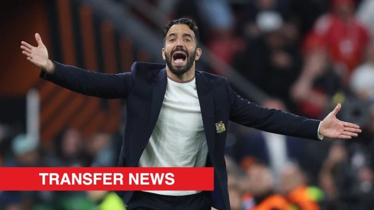 Manchester United boss Ruben Amorim gestures against Tottenham Hotspur. Inset, a red banner with 'transfer news' in white text.