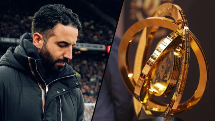 The FIFA Club World Cup trophy on tour in Riyadh, Saudi Arabia, inset a photo of Manchester United manager Ruben Amorim.