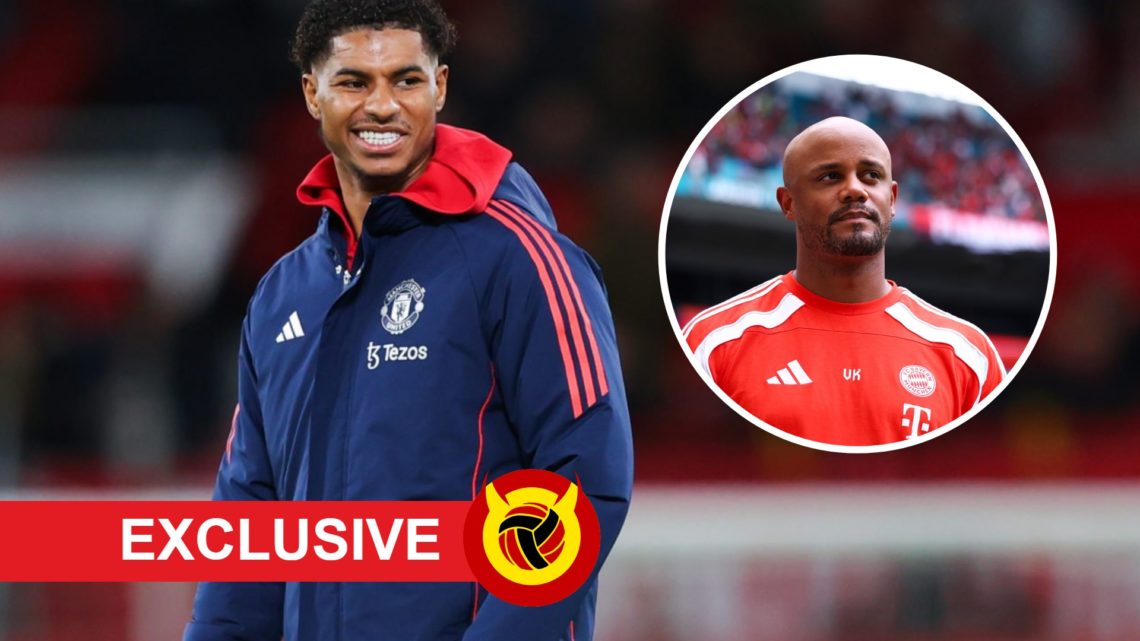Manchester United forward Marcus Rashford warming up, inset of Bayern Munich manager Vincent Kompany.