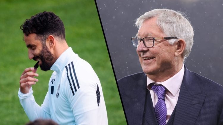 Split image, Ruben Amorim blowing whistle during Manchester United training and Sir Alex Ferguson smiling while at Old Trafford.