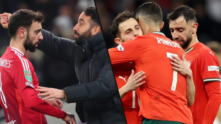 Bruno Fernandes playing for Portugal, inset a photo of the Manchester United captain with Ruben Amorim.