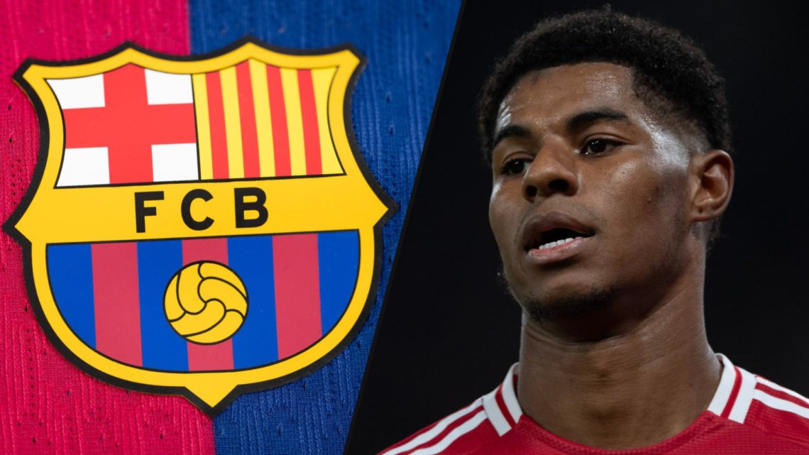 Marcus Rashford during a Premier League match for Manchester United, inset a photo of the Barcelona’s badge.