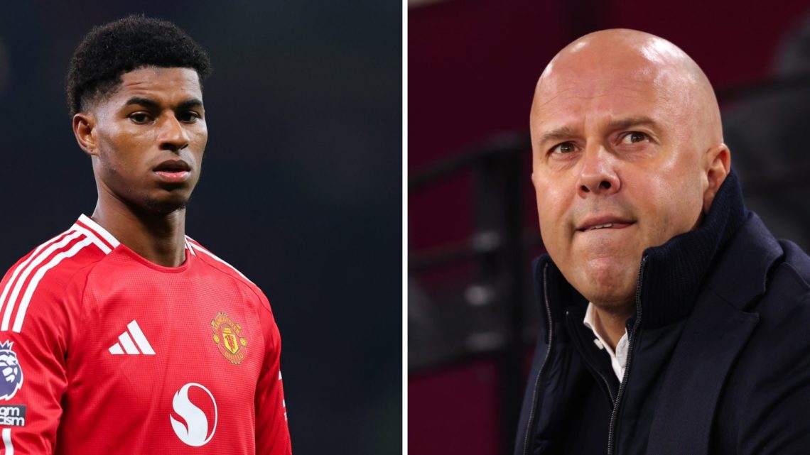 Manchester United forward Marcus Rashford (L), split image with Liverpool manager Arne Slot (R).