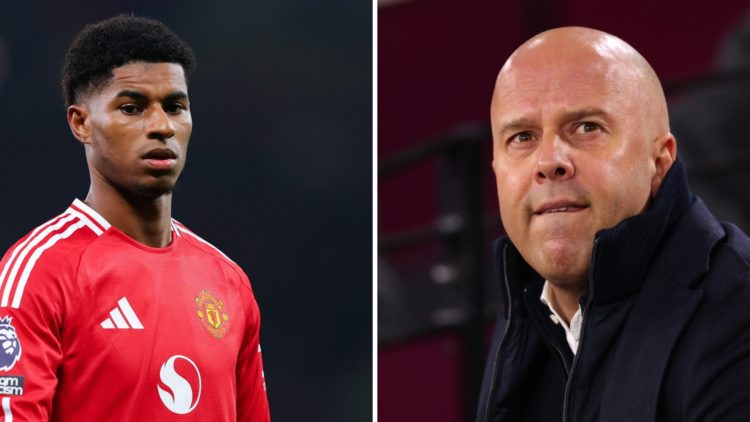 Manchester United forward Marcus Rashford (L), split image with Liverpool manager Arne Slot (R).