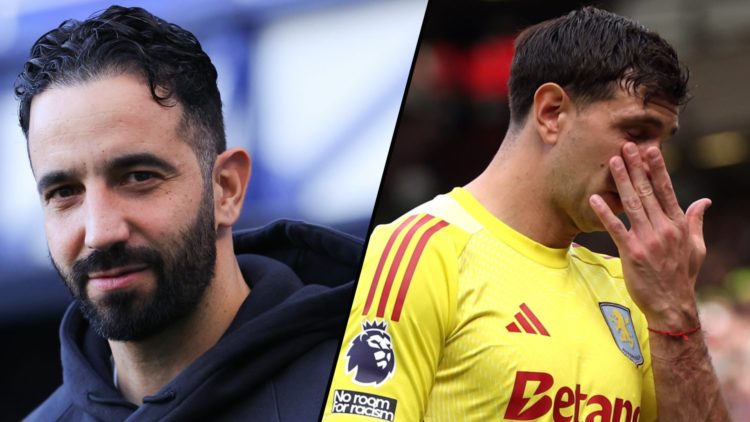 Emiliano Martinez during the Premier League match between Manchester United and Aston Villa, inset a photo of Ruben Amorim.