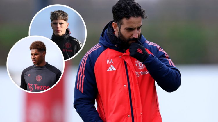 Manchester United head coach Ruben Amorim holds training, inset of Marcus Rashford and Alejandro Garnacho.