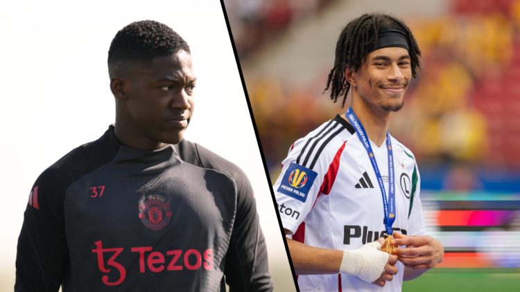 Split image, Kobbie Mainoo during Manchester United training and Maxi Oyedele in Legia Warsaw kit with medal.