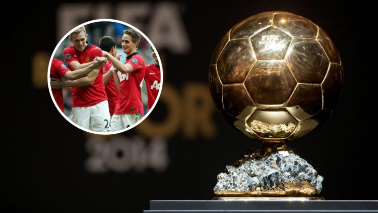 Manchester United academy graduate Adnan Januzaj inset to Fifa Ballon d'Or trophy.