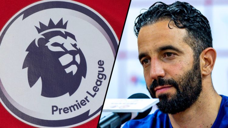 Manchester United manager Ruben Amorim after the Hong Kong match, inset a photo of the Premier League logo.
