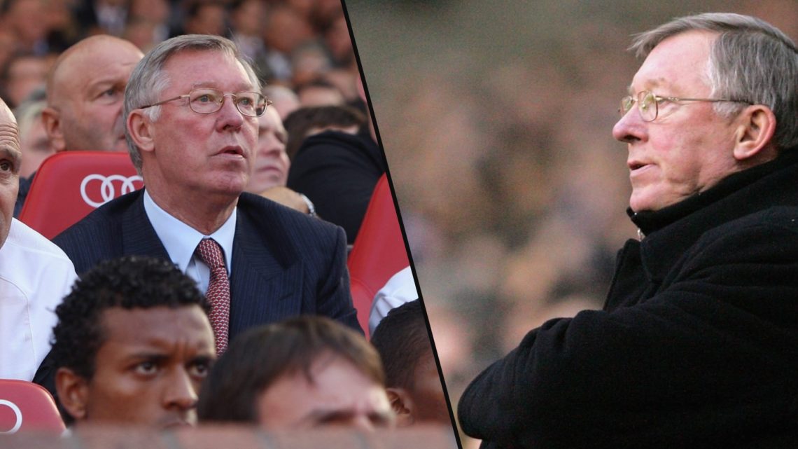 Sir Alex Ferguson during a Premier League match vs Manchester City at Old Trafford, inset a photo of the former Manchester United manager.