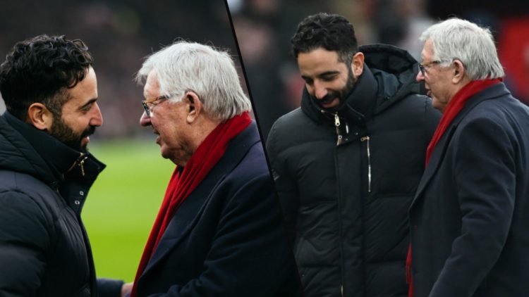 Manchester United manager Ruben Amorim and Sir Alex Ferguson, inset a photo from the Premier League match vs Brighton.