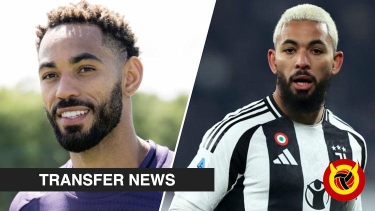 Matheus Cunha in action during a first-team Manchester United training session, inset a photo of Juventus star Douglas Luiz.