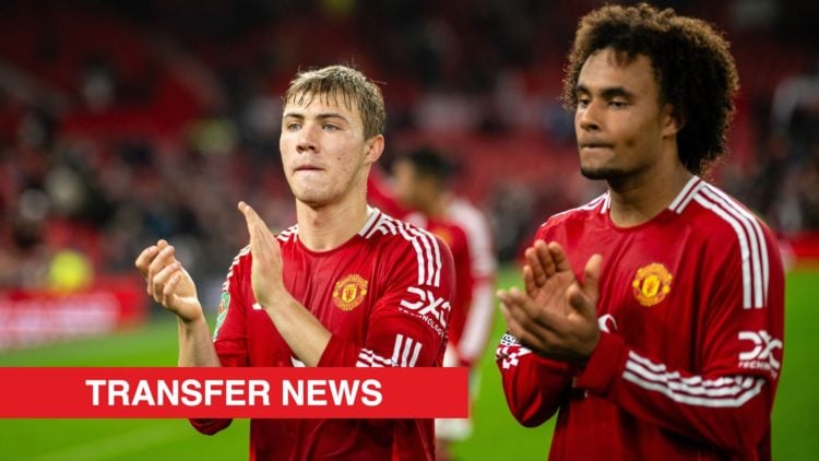 Manchester United strikers Rasmus Hojlund and Joshua Zirkzee applaud fans against Leicester City. Inset, a red banner with 'transfer news' in white...