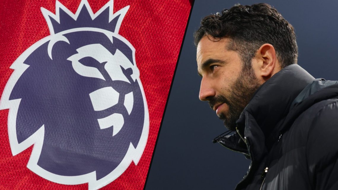 Manchester United manager Ruben Amorim during a Premier League match, inset a photo of the Premier League logo.