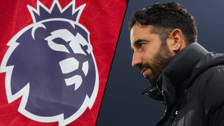 Manchester United manager Ruben Amorim during a Premier League match, inset a photo of the Premier League logo.