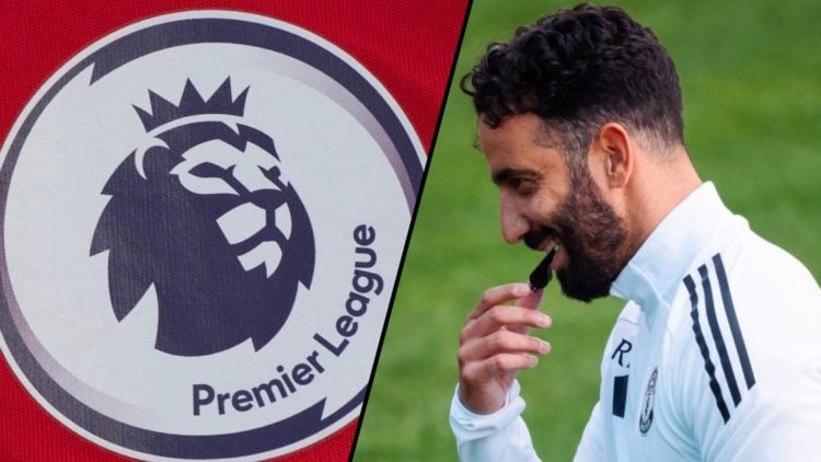 Manchester United manager Ruben Amorim in action during a first-team training session at Carrington, inset the Premier League logo.