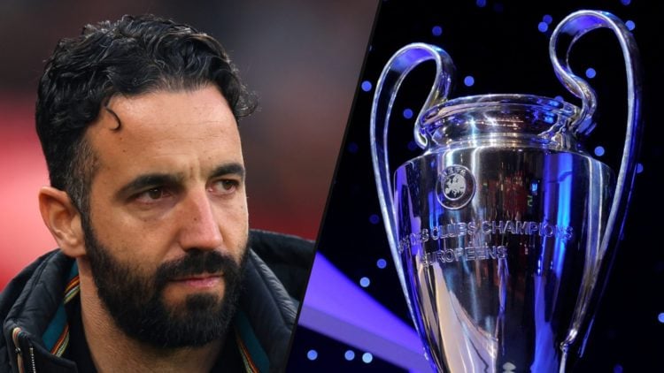 Manchester United manager Ruben Amorim during a Europa League match, inset a photo of the Champions League trophy.