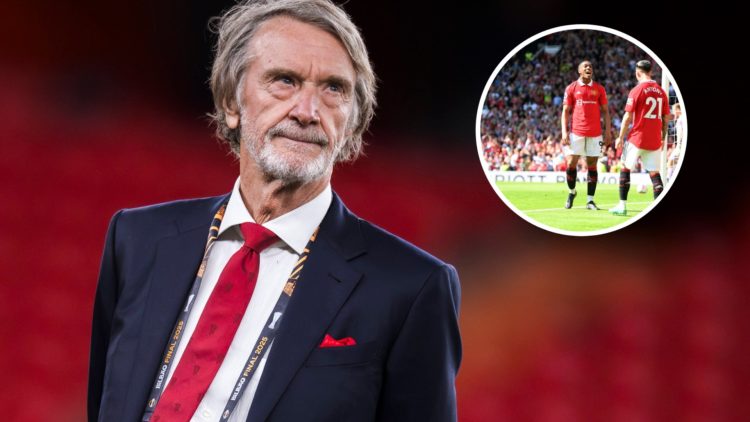 Manchester United co-owner Sir Jim Ratcliffe, inset image of Anthony Martial and Antony celebrating.