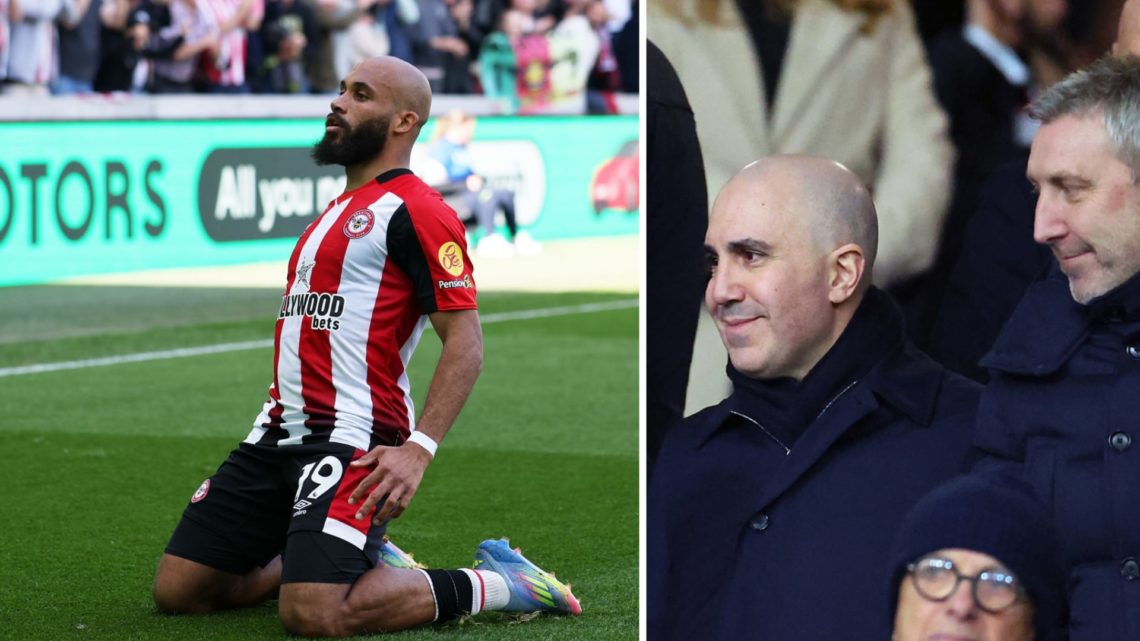 Brentford forward Bryan Mbeumo celebrating a goal (L), Manchester United CEO Omar Berrada and Director of Football Jason Wilcox.