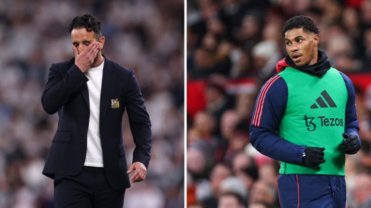 Split image of Manchester United head coach Ruben Amorim and forward Marcus Rashford warming up at Old Trafford.