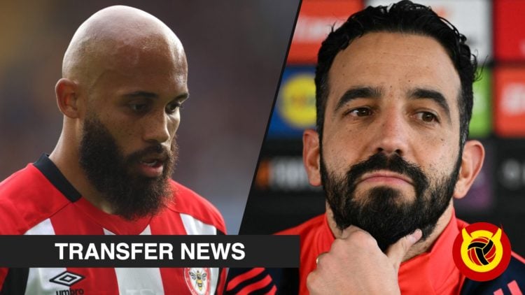 Bryan Mbeumo during the Premier League match between Wolves and Brentford, inset Manchester United manager Ruben Amorim.