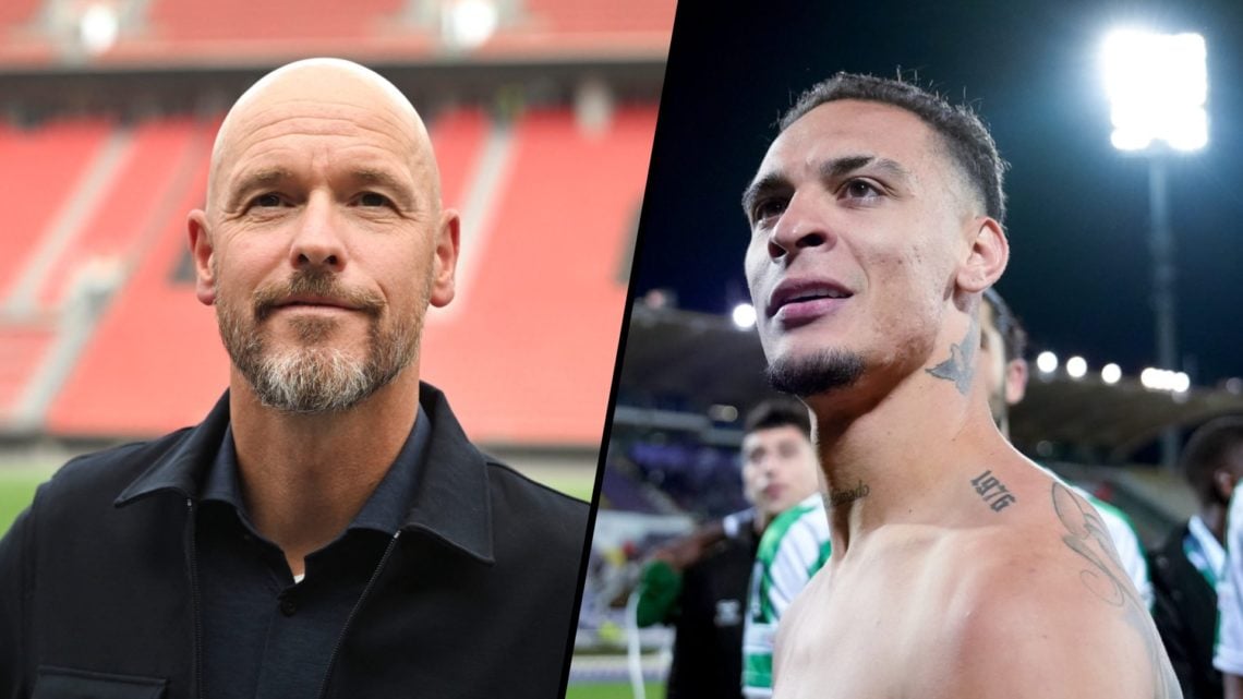 Split image, Erik ten Hag unveiled as Bayer Leverkusen manager smiling at camera and Antony looking out toward Real Betis crowd.