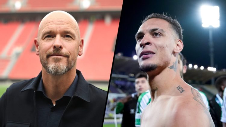 Split image, Erik ten Hag unveiled as Bayer Leverkusen manager smiling at camera and Antony looking out toward Real Betis crowd.