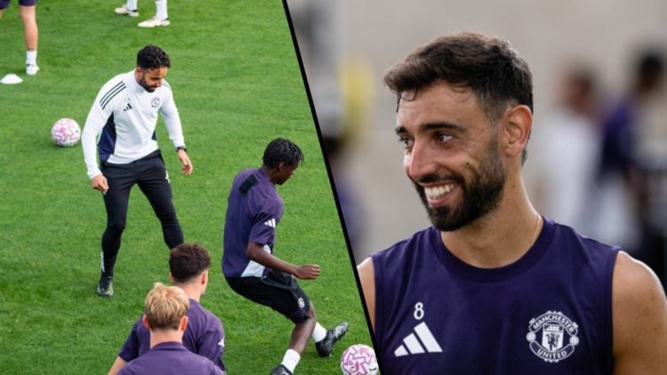 Split image, Ruben Amorim directs Manchester United training session, Bruno Fernandes smiling to his right in training kit.