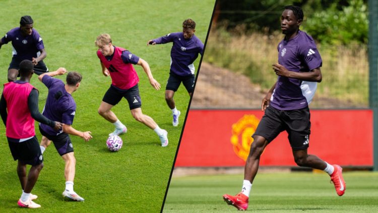 Rasmus Hojlund and Amad Diallo in a first-team Manchester United training session at Carrington, inset a photo of Sekou Kone.
