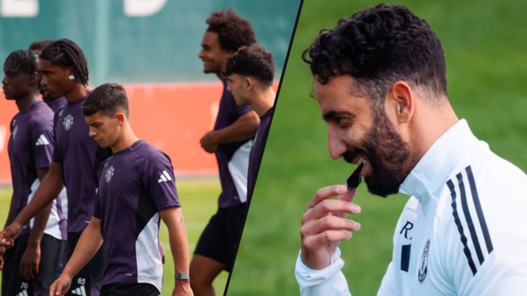 Manchester United manager Ruben Amorim during a first-team training session at Carrington, inset a photo of Manchester United players.