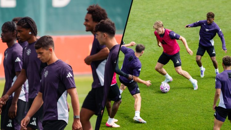 Manchester United players in first-team training at Carrington under Ruben Amorim, inset a photo of Red Devils players in pre-season training.