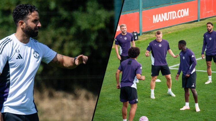 A first-team Manchester United training session at Carrington, inset a photo of Manchester United manager Ruben Amorim.