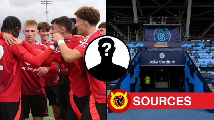 Split image of Manchester United U18s celebrating goal during 2024-25 season and Manchester City academy stadium stands empty. Inset mystery player...