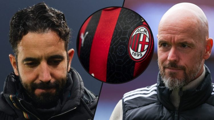 Bayer Leverkusen manager Erik ten Hag, inset Manchester United manager Ruben Amorim, inset a photo of the AC Milan badge.