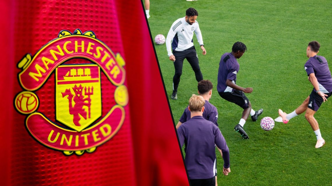 Manchester United manager Ruben Amorim at the Carrington training complex, inset a photo of a Manchester United shirt.
