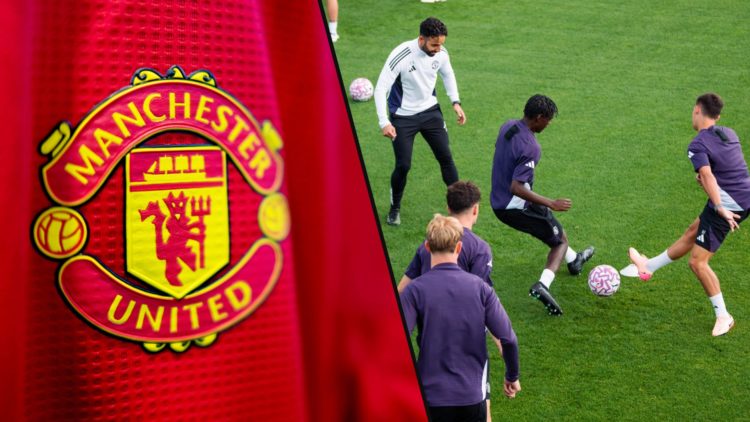 Manchester United manager Ruben Amorim at the Carrington training complex, inset a photo of a Manchester United shirt.