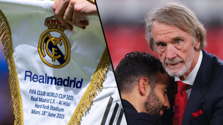 Ineos chief Sir Jim Ratcliffe consoles Manchester United manager Ruben Amorim after the 2025 Europa League final, inset the Real Madrid club crest.