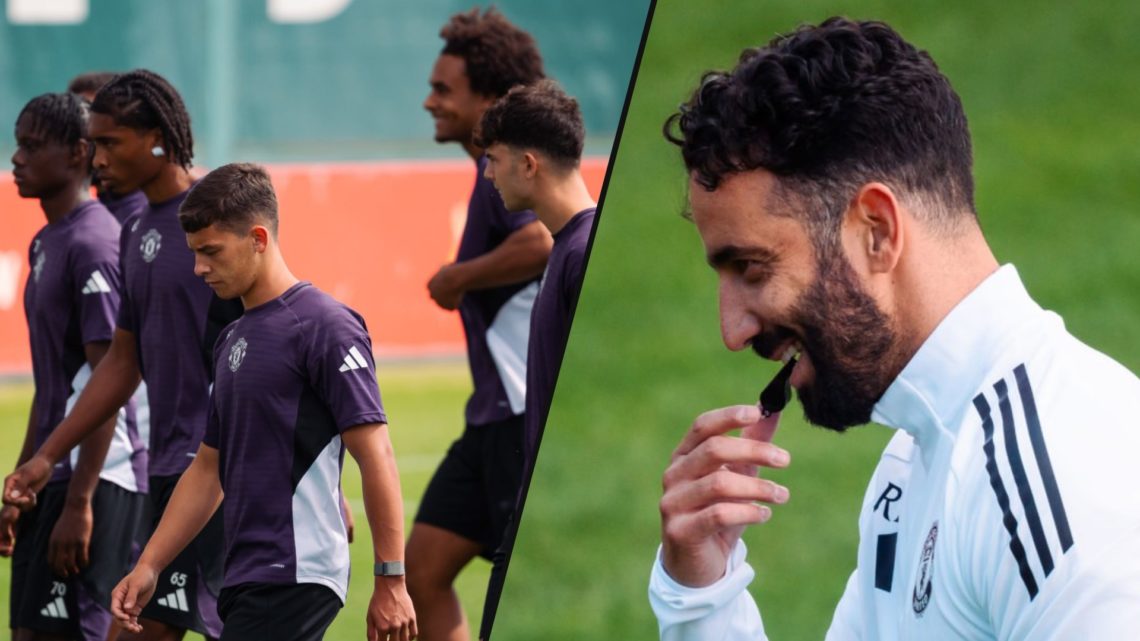 Manchester United manager Ruben Amorim at the Carrington training complex, inset a photo of Manchester United players.