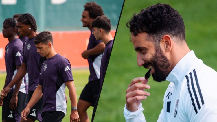 Manchester United manager Ruben Amorim at the Carrington training complex, inset a photo of Manchester United players.