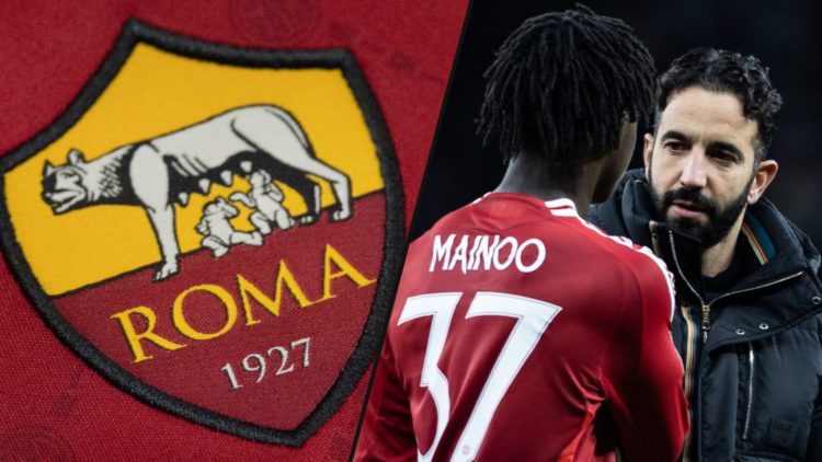 Manchester United manager Ruben Amorim with Kobbie Mainoo, inset a photo of the Roma club crest.